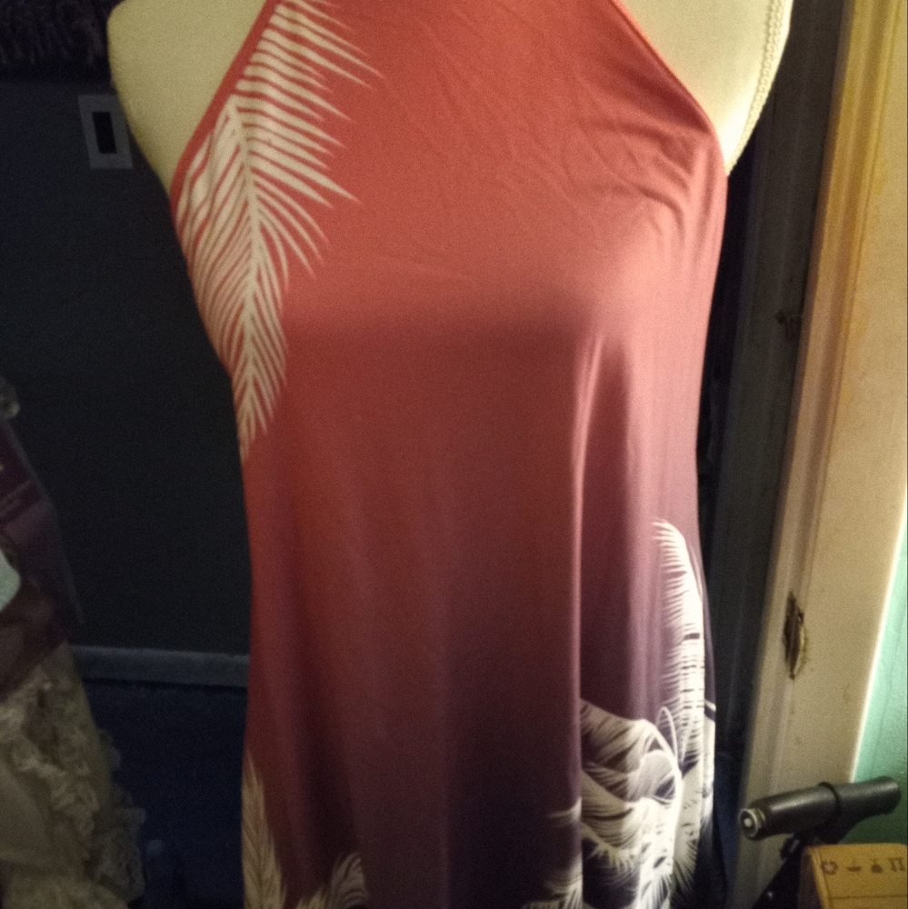 New,ombre print rose&plum stretch knit halter sundress  palmtree design size m